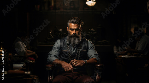 Handsome bearded man sitting in a barbershop with chain. © AS Photo Family