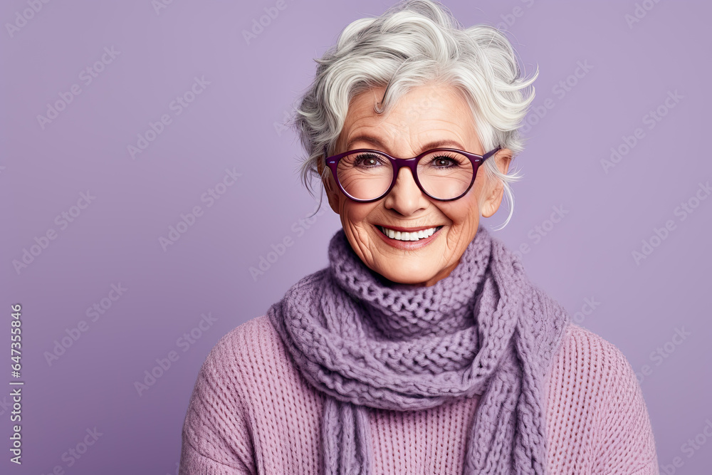 Portrait of a smiling elderly woman with grey hair and spectacles, wearing purple on a purple background Portrait of a smiling elderly woman with grey hair and spectacles, wearing purple on a purple background