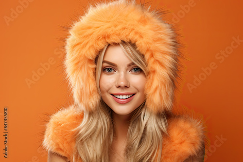 Portrait of a beautiful happy young woman in an orange fur hat  on an orange background