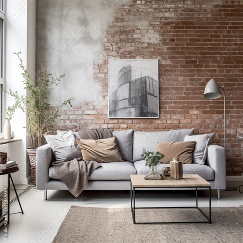 Chic couch within a Scandinavian-styled living room showcasing a brick wall