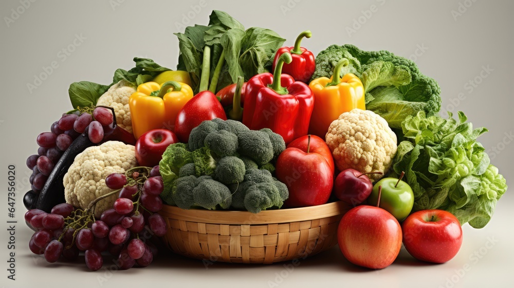 Assorted organic fruits and vegetables in basket isolated on tools background Assorted organic fruits and vegetables in basket isolated on tools background