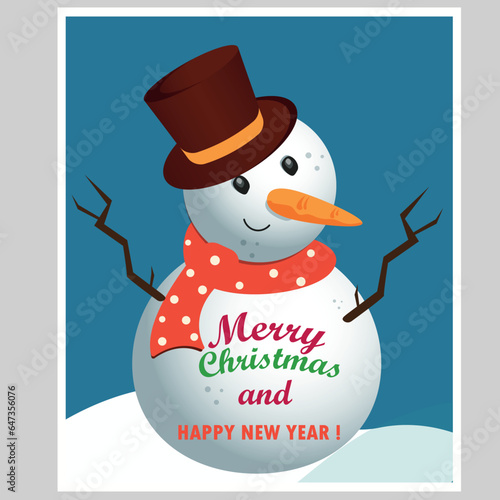 Christmas snowman Merry Christmas  greeting card. Merry Christmas card. Winter Holiday Vintage Greeting Card. Vintage Christmas And New Year Decoration Poster. Vector
