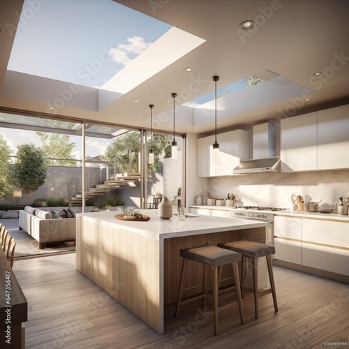  An interior kitchen rendering of the villa with a modern and luxurious design  featuring light-colored cabinets  an island counter top in white marble  a large skylight on the ceiling  a wooden floor