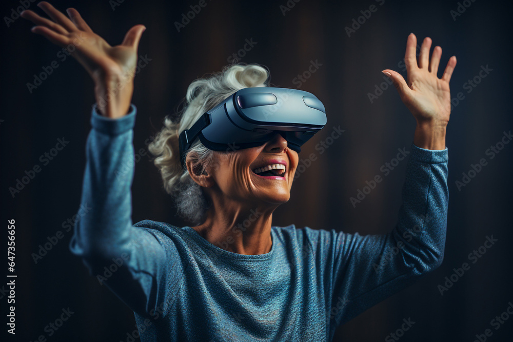 A happy mature woman playing with virtual reality glasses. Entertainment and technology in elderly. Innovation and imagination interactive experience A happy mature woman playing with virtual reality glasses. Entertainment and technology in elderly. Innovation and imagination interactive experience