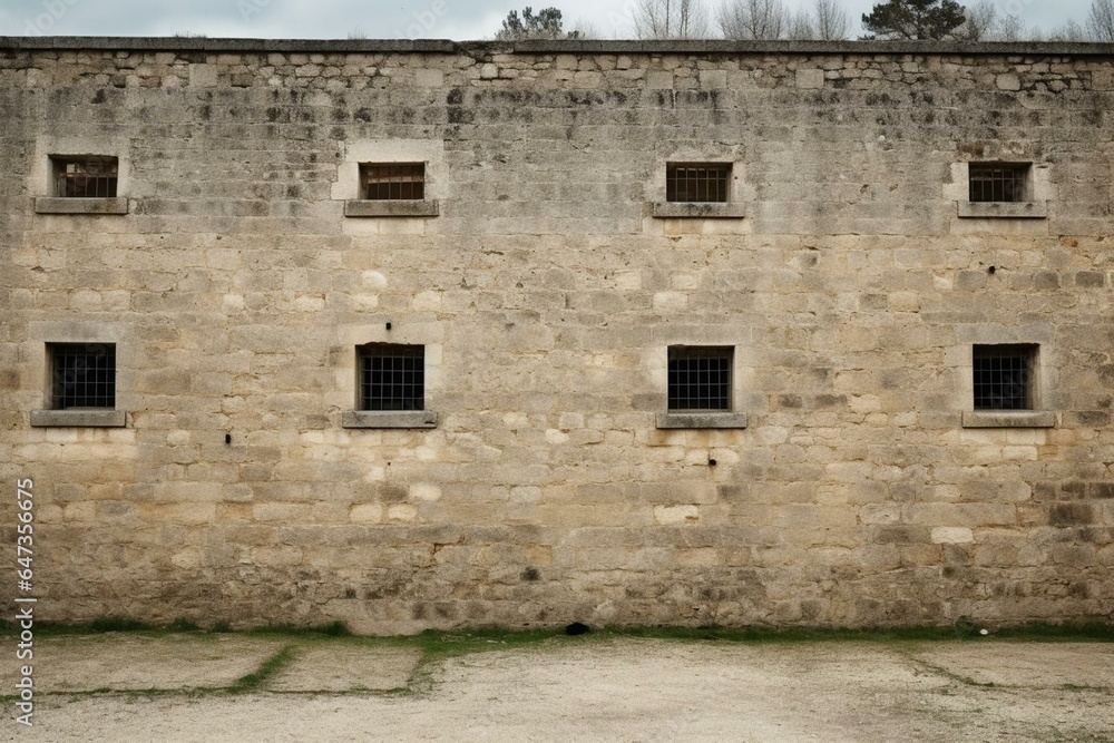 Old fortification wall with three windows standing alone against a plain background. Generative AI