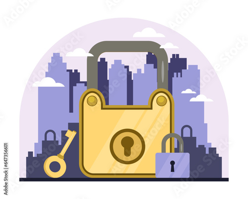 Huge gold padlock with key and purple lock vector illustration. Cartoon drawing of locks protecting city, protection of fines or penalties. Privacy, security, safety concept