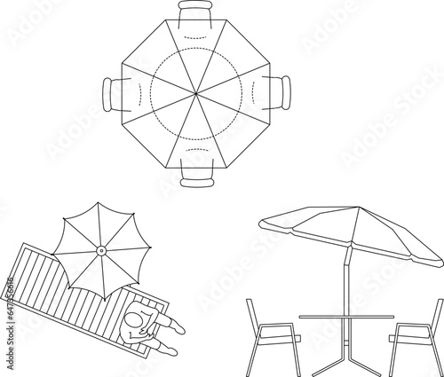 ector sketch illustration of design of lounge chairs on the beach with umbrella tent