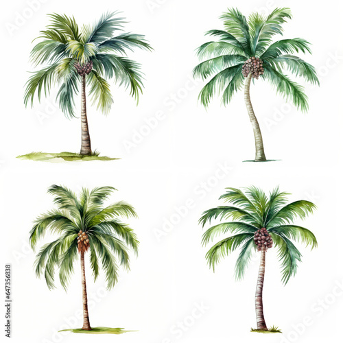 Set of watercolor cartoon palm trees on white background