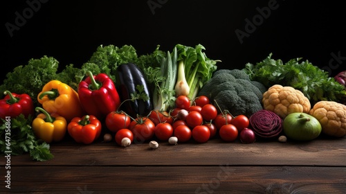 assorted raw organic vegetables background on wooden table