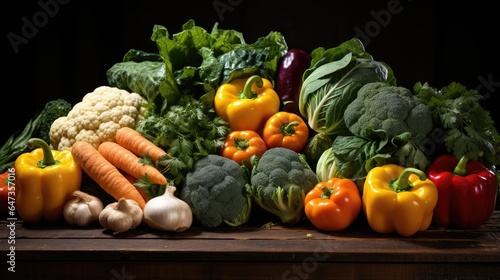 assorted raw organic vegetables background on wooden table © MBRAMO