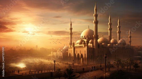 Generate an image of the Mosque-Madrasa of Sultan Hassan bathed in the warm hues of a Cairo sunset