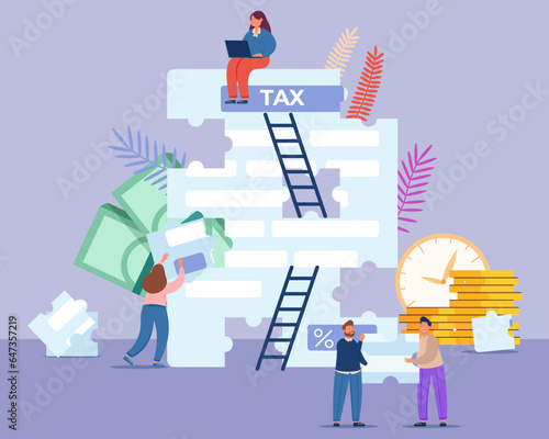 Tiny people assembling tax document puzzle vector illustration. Cartoon drawing of tax system regulation, payment to government, banknotes and coins. Taxation, management, finances concept