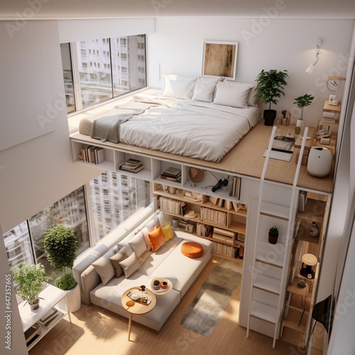 image of a small efficient studio apartment with clever space-saving solutions