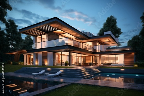 Contemporary homes emphasizing energy efficiency and sustainability. Generative AI © Juan