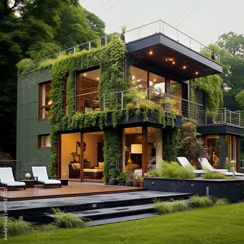 image of an eco-friendly sustainable home with green walls and solar panels