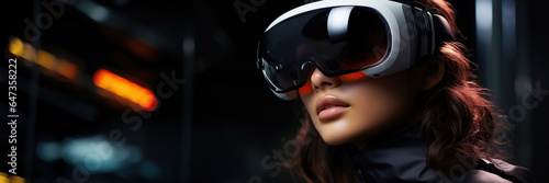 Asian Woman using a futuristic mixed reality XR headset. VR, AR, MR, Metaverse.