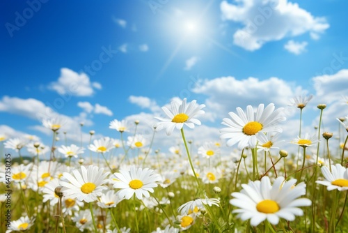 A spring field with blooming daisies on a sunny day. Generative AI