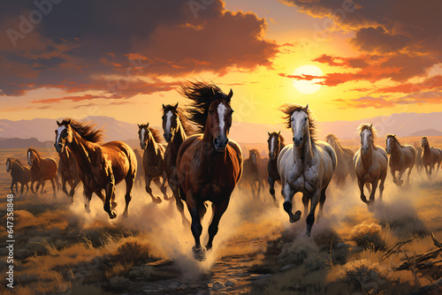 A herd of wild horses runs across the vast plains. AI generated