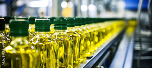 Bottled vegetable oil production in the factory of edible, Sunflower oil in the bottle moving on the production line