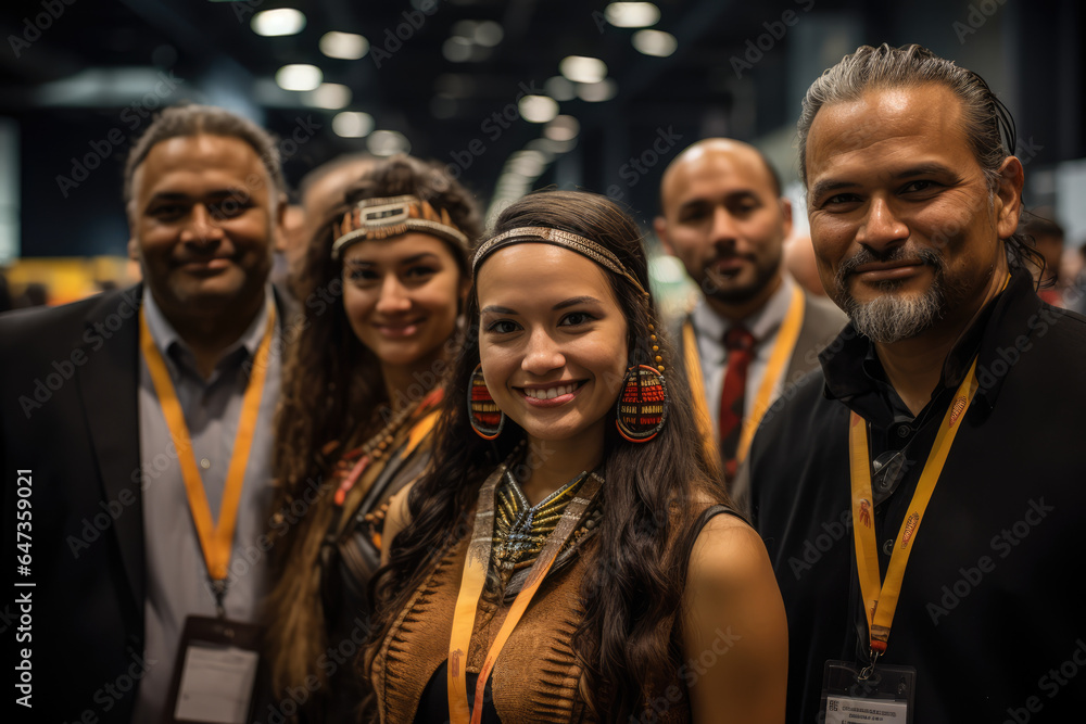 Fototapeta premium Indigenous language advocates gathering at a conference to discuss preservation strategies. Generative Ai.