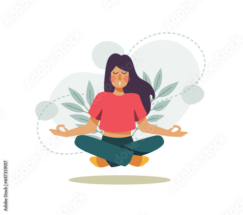 Woman meditating in calm. Concept illustration for  meditation and healthy lifestyle. Vector illustration Separated on a white background. 
