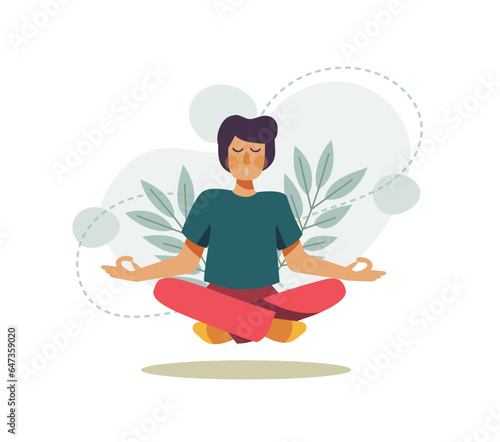 Man meditating in calm. Concept illustration for  meditation and healthy lifestyle. Vector illustration Separated on a white background. 