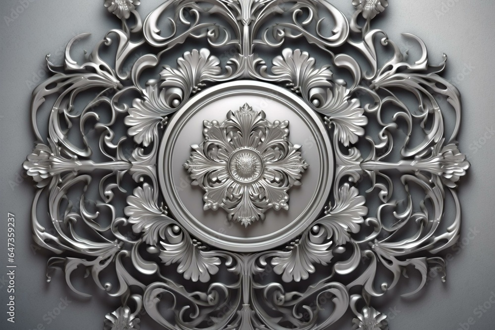 metal ornament with delicate detailing on a background of beautiful gray tones, illustration. Generative AI
