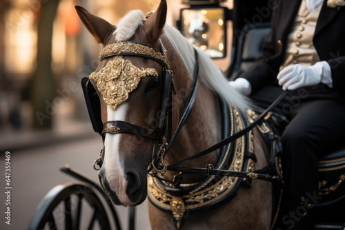 A close-up of a person's hand operating an old-fashioned horse-drawn carriage, a mode of urban transport in the past. Generative Ai.
