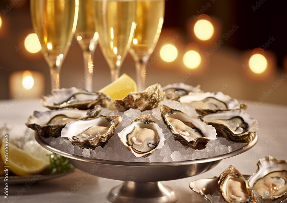 Oysters gourmet seafood with champagne glasses on table in fine dining restaurant.Macro.AI Generative Oysters gourmet seafood with champagne glasses on table in fine dining restaurant.Macro.AI Generative