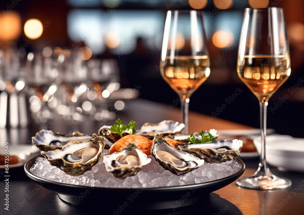 Oysters with champagne glasses on table in fine dining restaurant.Macro.AI Generative
