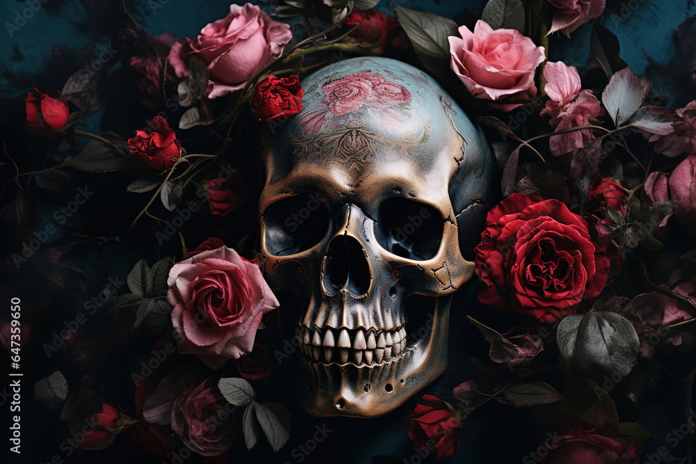 skull with roses in the background with a dark brown background, generative ai skull with roses in the background with a dark brown background, generative ai