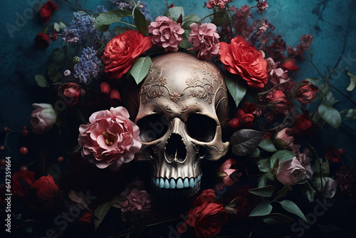 skull with roses in the background with a dark brown background, generative ai 