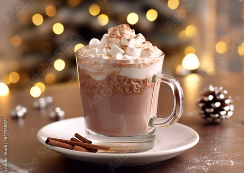 Christmas hot chocolate with marshmallows in glass cup on table.Macro.AI Generative