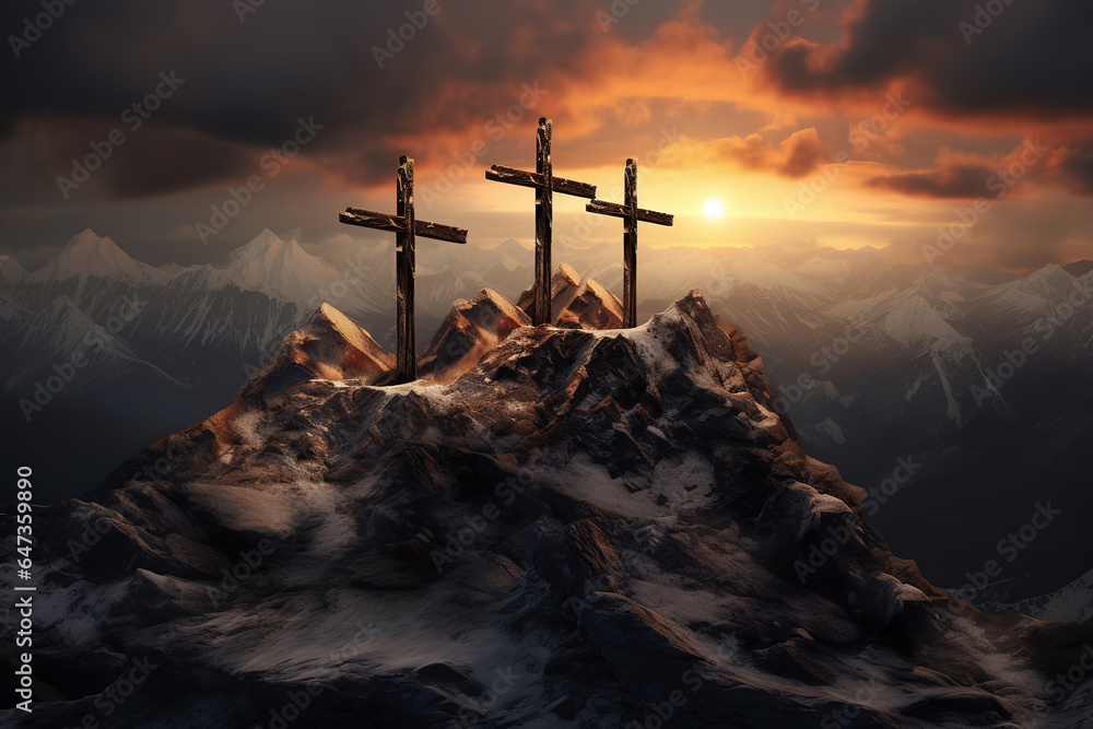 three crosses on a mountain top with a sunset, generative ai  - obrazy, fototapety, plakaty 