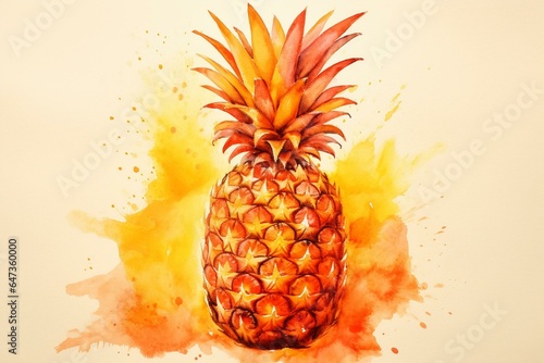 Watercolor pineapple on orange background. Generative AI