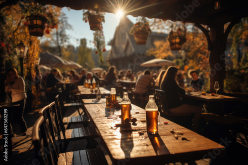Picturesque German beer garden with people clinking beer steins and enjoying Oktoberfest. Generative Ai.