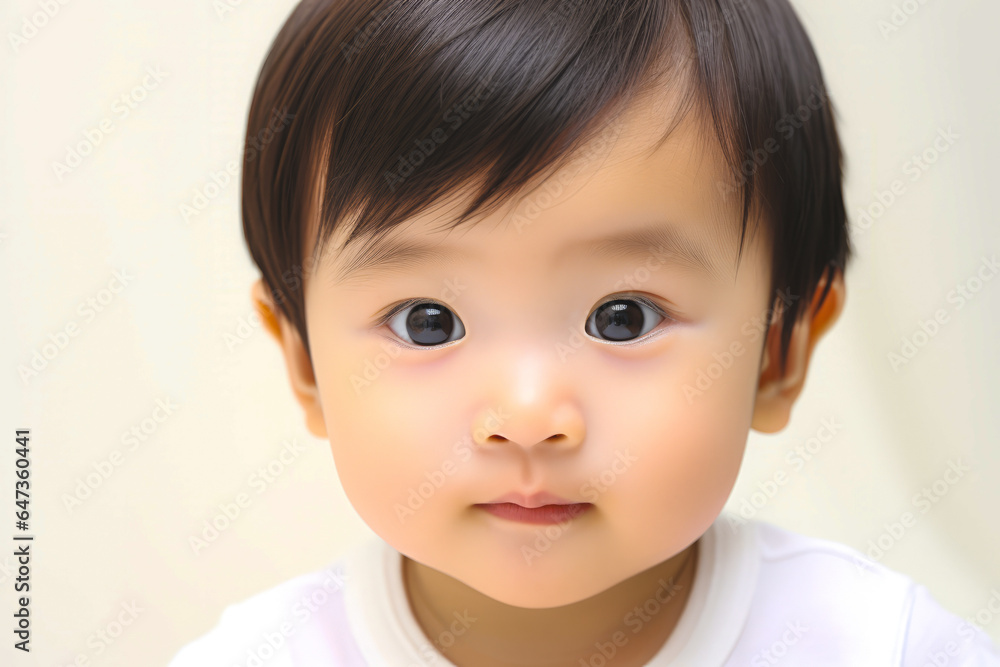 a asian child with curly hair wearing a white t-shirt on a white background a asian child with curly hair wearing a white t-shirt on a white background