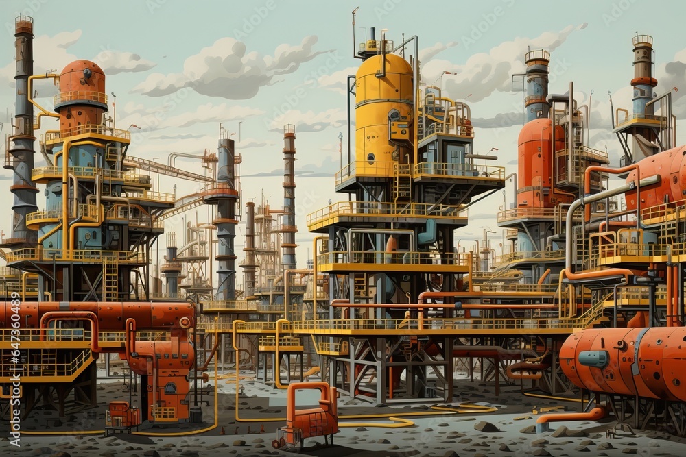 Petrochemical Plant Drawing with Pipelines and Tanks