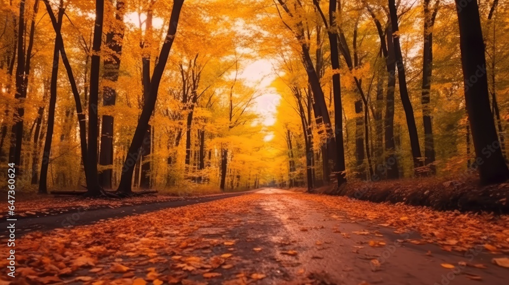 Autumn forest road. Orange color trees, red brown maple leaves, View at sunset