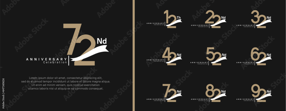 set of anniversary logo flat brown color number and white ribbon on black background for celebration - obrazy, fototapety, plakaty 