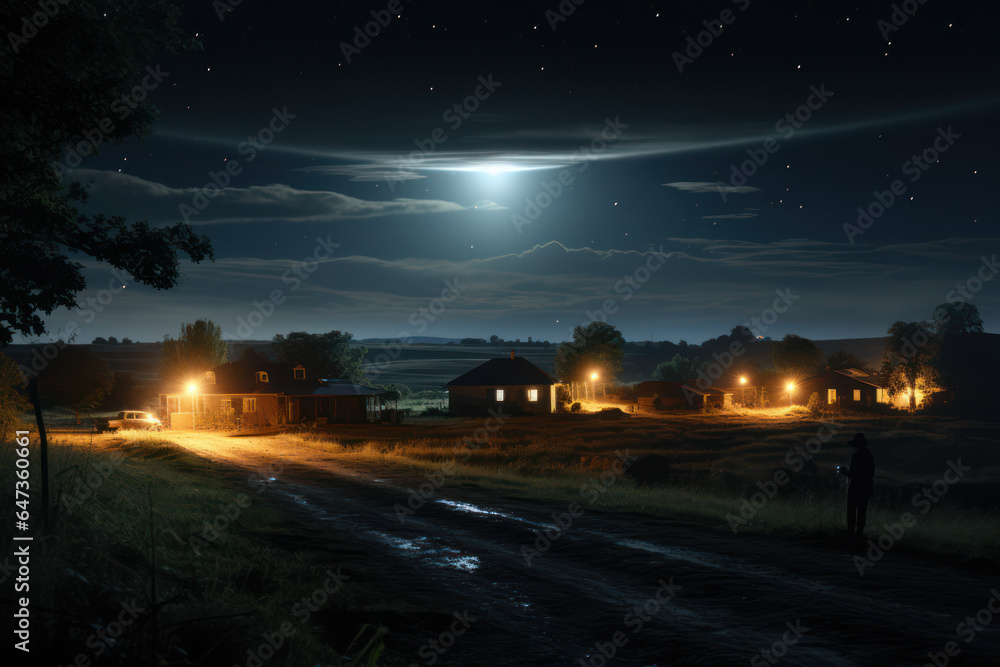 A quiet rural landscape at night, with a mysterious glowing object hovering above a field. Generative Ai.