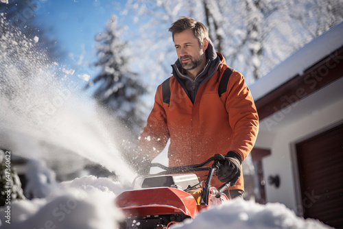 Man Clearing Snow with Manual Electric Snow Blowe photo