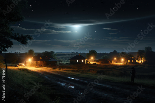 A quiet rural landscape at night, with a mysterious glowing object hovering above a field. Generative Ai.