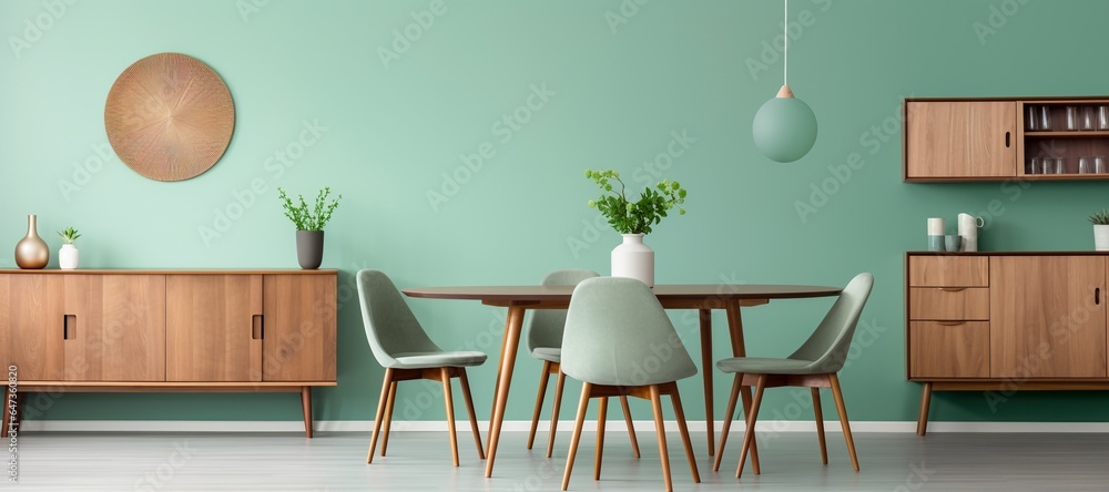Mint color chairs at round wooden dining table in dining room with ...
