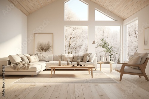3D rendering of a spacious Scandinavian room with white walls, wooden floor, and a serene Nordic home interior. Generative AI