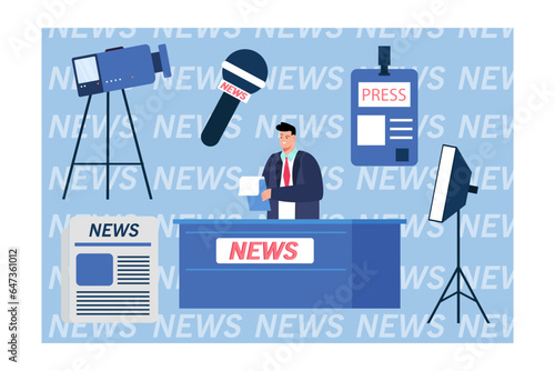 Journalist in equipped newsroom vector illustration. Professional camera, microphone, press pass, newspaper article, anchor at desk. Media freedom, news essentials, television concept