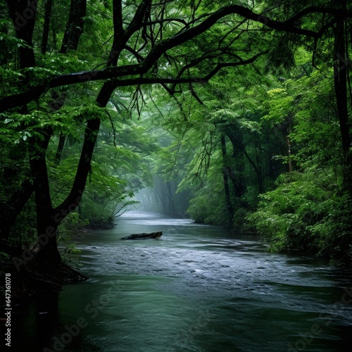 a calm river winding its way through a tranquil forest during a monsoon with the rain-kissed leaves reflecting in the water