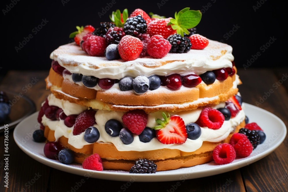 A delicious cake with cream and berries on top. Generative AI A delicious cake with cream and berries on top. Generative AI