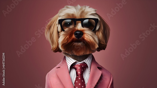 portrait of a dog with sunglasses with red tie and shirt