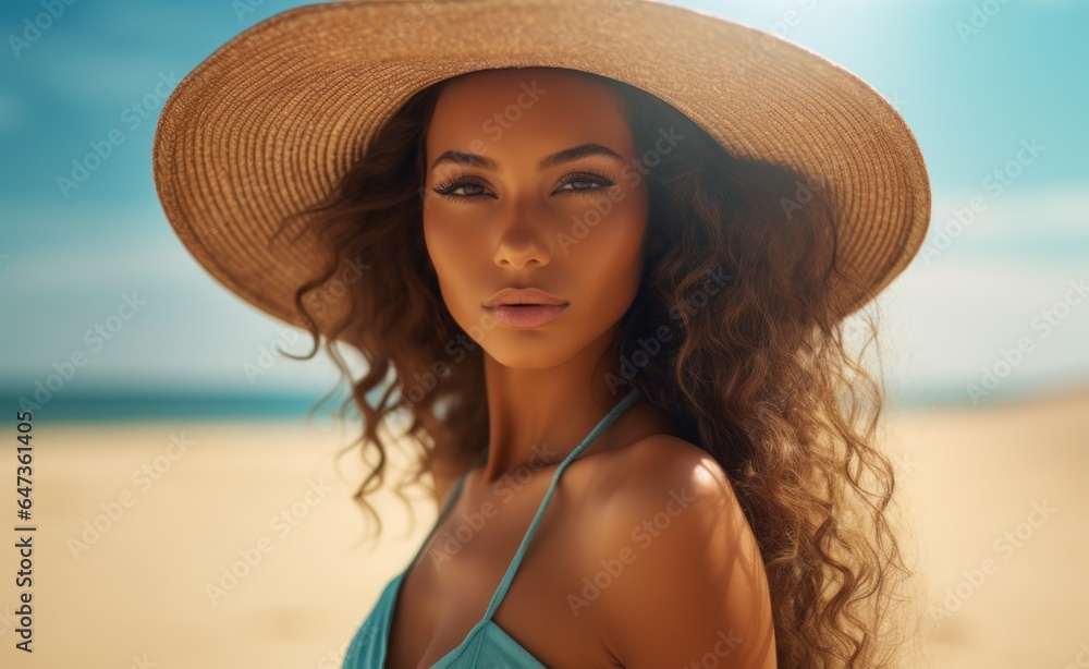 Brown woman in straw hat on sand beach